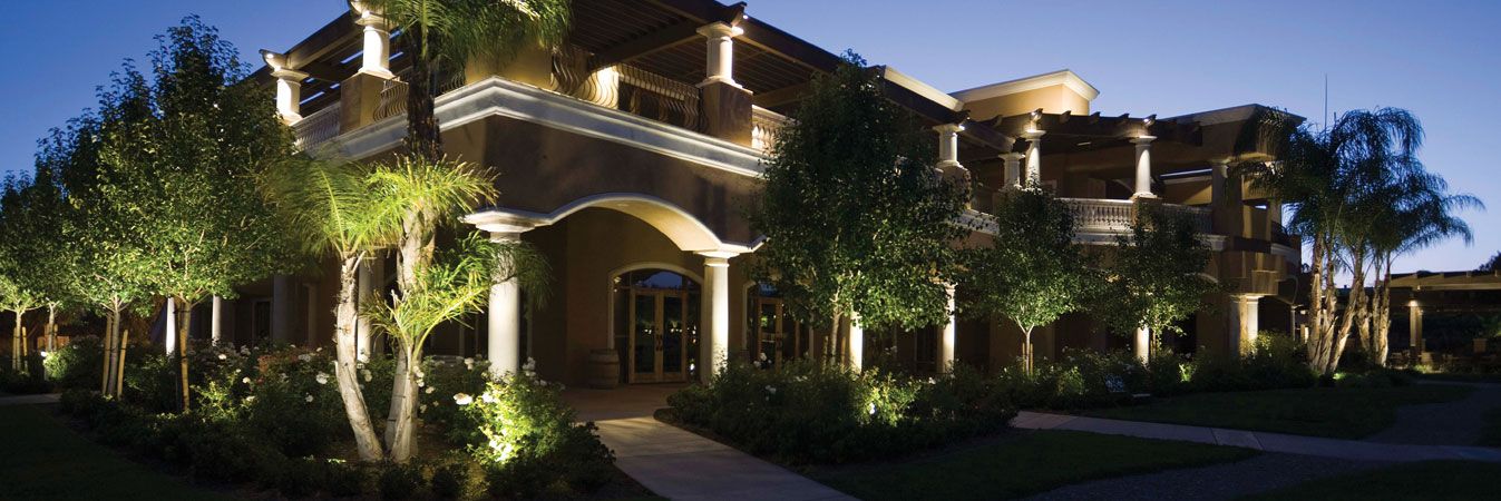 Residential landscape illuminated after dark