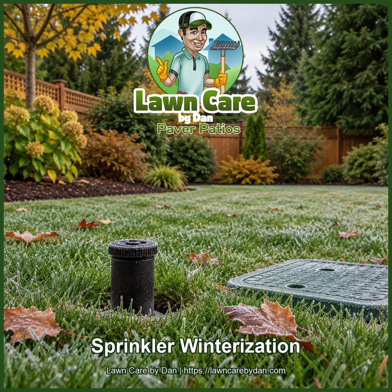Lawn Care by Dan branded image of a frost-covered lawn with sprinkler head and irrigation valve box in Vancouver, Washington